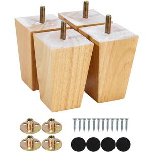 Maricome 4 Inch Sofa Legs Set of 4 Replacement Feet for Couch Wood Furniture Legs Pre-Installed M8 Bolt Screw in Heavy Duty Pyramid Square