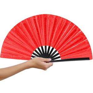MBDFUT 13" Large Hand Fans for Women Foldable Glitter Boots on the Ground Hand Fan Clacking for Line Dancing Rave Fans for Festival, Club, Party, Dance (Red)