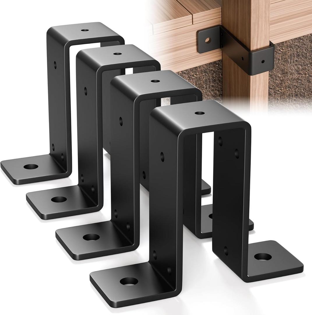 4 Pcs 2" x 4" Strap Post Ties, Heavy Duty Deck Fence Brackets for Wood Beam, Gazebo Mounting Brackets, 2mm Thickness - Black