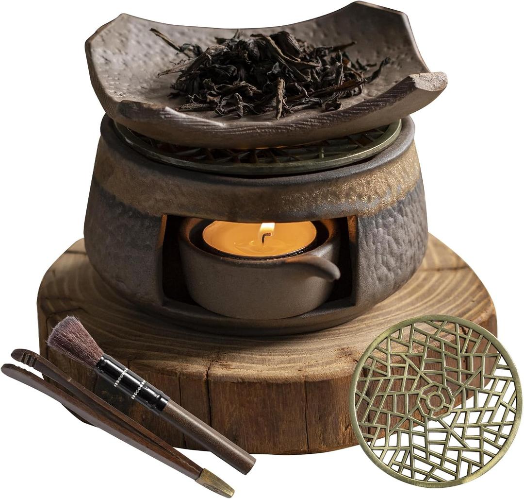 Cedar Aromatherapy Burner & Ceramic Oil Warmer for Home & Office (Heat-Resistant Tile Baking Tray + Stone-Patterned Oven + Old elm Wood mat + Accessories)