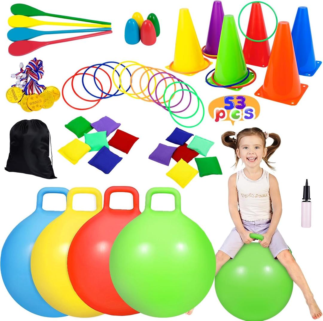 CWLAKON 53PCS Carnival Outdoor Games Combo Set, Hopper Balls for Kids, Ring Toss, Bean Bags, Easter Games Egg Spoon Relay Race, Outside Yard Backyard Field Day Birthday Party Family Reunion Game