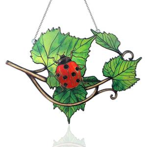 Plant Suncatcher Glass, Stained Glass Suncatcher Plant Window Hanging, Unique Nature Lover Gifts Leaf (Leaves & Ladybug)