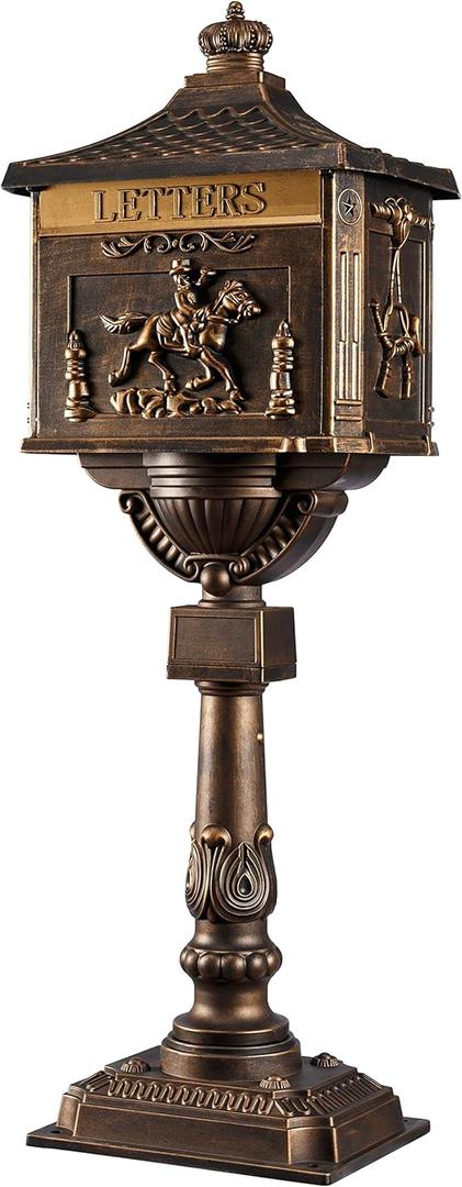 Mailbox Rustproof Cast Aluminum Locking Security Post Mount Mail Box, Large, Bronze