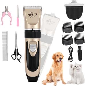 Aovdy Dog Clippers Grooming Kit Dog Shaver Clippers Hair and Paw Electric Cleaning Hair Clippers Set for Dogs Cats Rabbit (Gold, Scissor Set+Foot Shaving Blade)