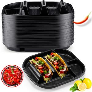 Baderke 40 Pack Disposable Plastic Taco Plates, Fiesta Tacos Holder Tray PP Taco Holder Plates with 2 Dividers for Soft & Hard Shells for Tacos Tuesday Bar, Parties, Picnics (Black)