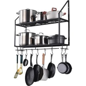 Hoooh 30-Inch Wall Mount Pot Racks - 2-Tier Pot Rack Pan Hanger for Kitchen Storage and Organization - Matte Black Cookware Hanging Shelves with 10 Hooks