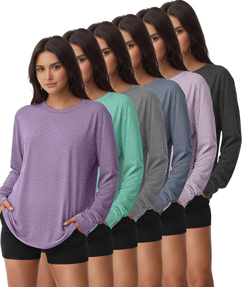 Kinglaman 6 Pack Women's Long Sleeve Workout Dry Fit Shirts, UPF 50+ Rash Guard SPF UV Sun Protection Swim Tee Shirts XXL