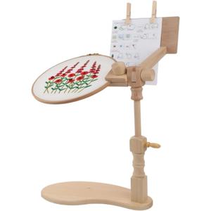 Beech Wood Embroidery Hoop Stand, Adjustable 360 Rotate Cross Stitch Needlepoint Stand Wooden Sitting Embroidery Hoop Frame