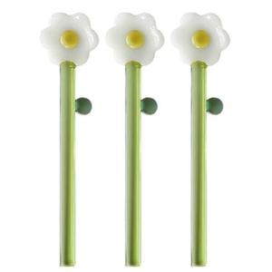 3 Pcs Borosilicate Color Transparent Glass Spoons,Cute Flower Long Handle Spoons for Ice Cream Dessert Coffee Stirring (White Sunflower Spoon)