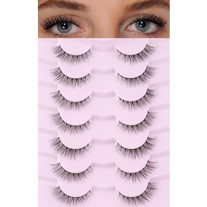 Natural Cat Eye Lashes False Eyelashes Natural 12mm Wispy Eyelashes with Thin Band 3D Volume False Lashes Soft Eye Lashes Pack C Curl Natural Eyelashes Fake Lashes 7 Pair EVENTILL