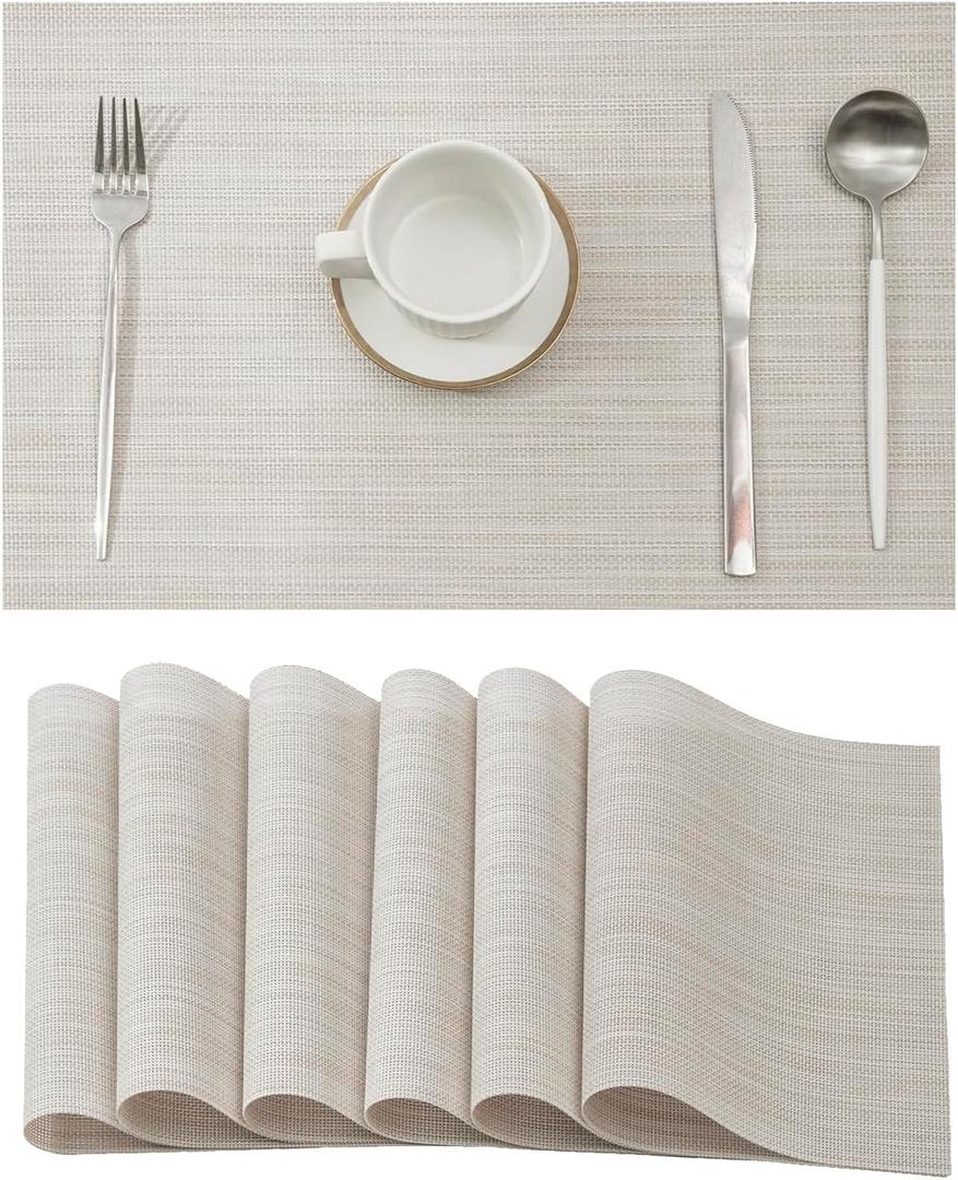 Leetaltree Beige White Placemats Set of 6 - Heat Resistant Non-Slip Place mats for Dining Table, Washable Durable PVC Vinyl Woven Table MatsBeige White, 6