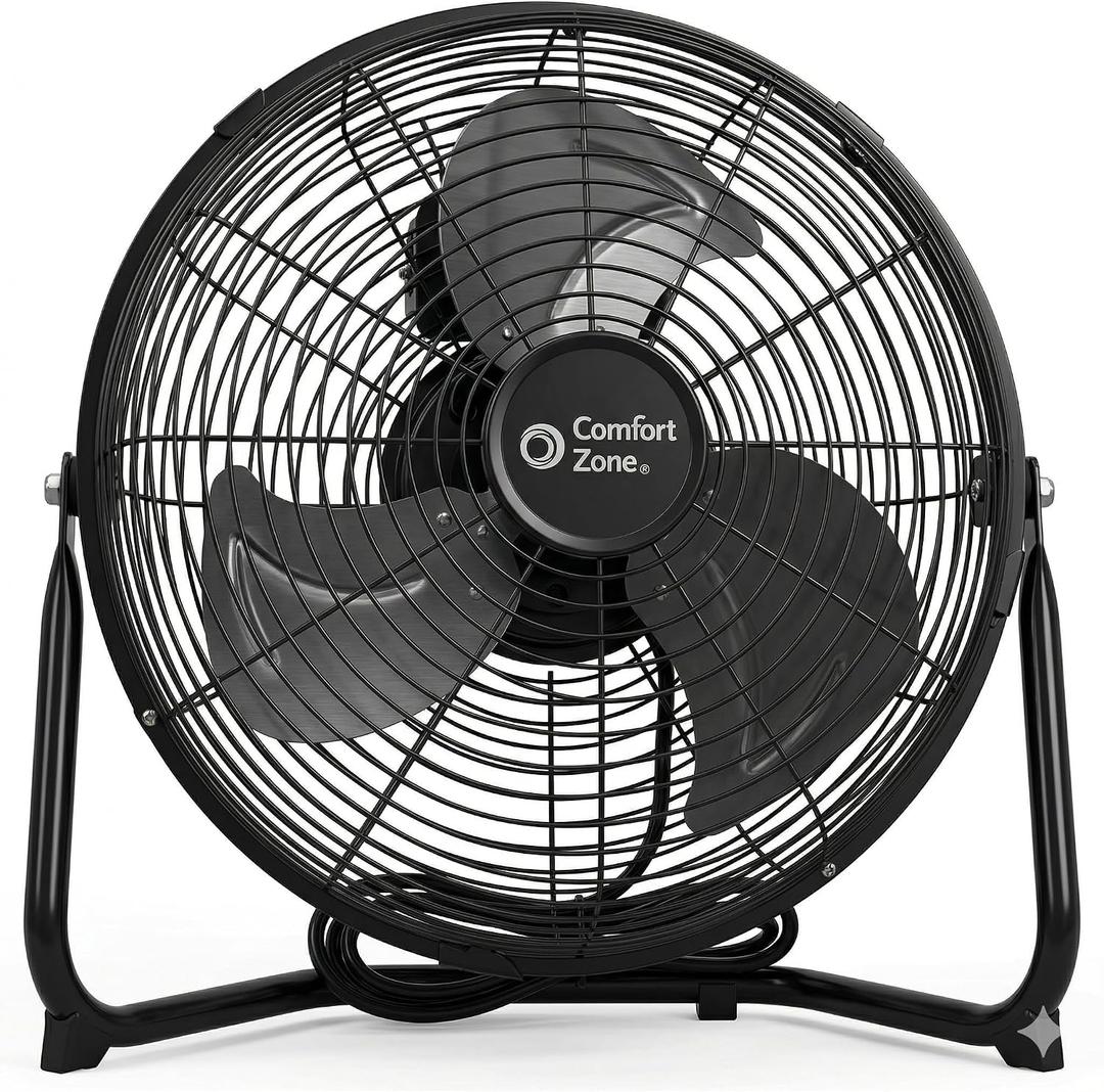 Comfort Zone 12-Inch Low-Profile High-Velocity Desk or Floor Fan, 3-Speed Metal Cradle Fan with 180 Tilt, Quiet 523 CFM Airflow for Home, Office, & Gym, Fully Assembled