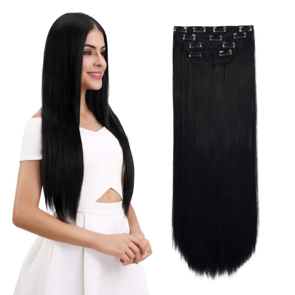 REECHO Multi-Length 20" 22" 24" Long Straight Synthetic 4 PCS Set Thick Clip in on Hair Extensions Natural Black (20" 22" 24"-260 Gram (Pack of 4), Natural Black - Straight)