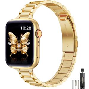 WFEAGL Thin Metal Bands Compatible with Apple Watch Band 46mm 45mm 44mm 49mm 42mm (Series 3 2 1) for Women, Slim Stainless Steel Wristbands for iWatch Ultra SE Series 11 10 9 8 7 6 5 4 (Gold)