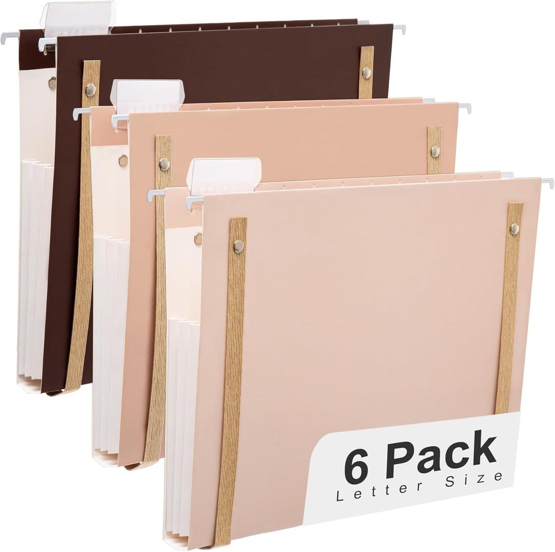 Y YOMA 6 Pack Extra Capacity Hanging File Folders with Handle Letter Size Accordion Decorative Reinforced File Folder Cute Colored Expandable Portable Folder with 1/5-Cut Adjustable Tabs, Coco Mocha