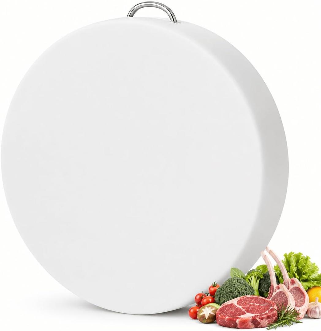 Large Round Cutting Board 15"x15" Extra Thick Plastic Cutting Board for Meat Raw & Raw Meat Board, HDPE Double-Sided Butcher Block Cutting Board, 304 Stainless Steel Handle, Easy Clean, 15" Diameter x 2" Thick