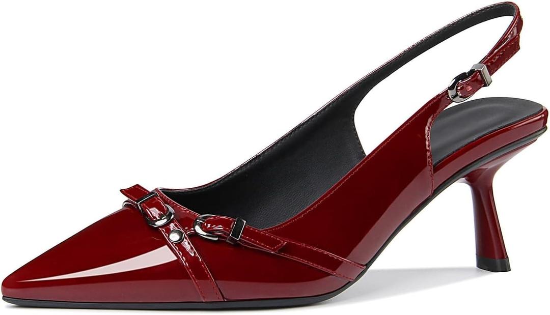 Kitten Heels for Women Closed Pointed Toe Heels Patent Leather Low Heel Slingback Dress Shoes Feature Adjustable Buckle for Date Party Work Office Comfortable Sexy Pumps Shoes 9