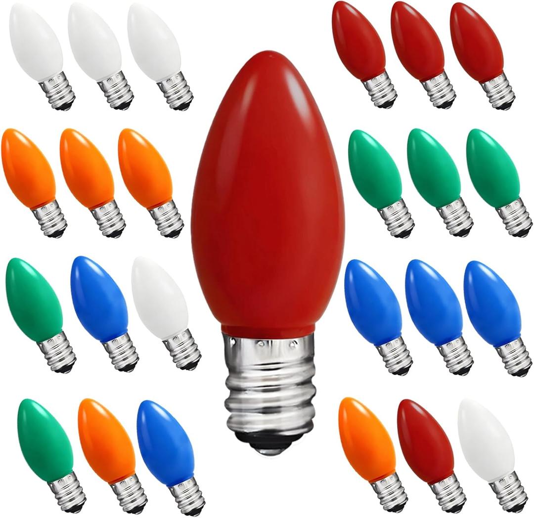 C7 LED Christmas Lights Replacement Bulbs, 25 Pack 0.6w C7 Ceramic Multicolor Light Bulbs with E12 Candelabra Base, Vintage Colored Light Bulbs for Indoor/Outdoor Christmas String Lights