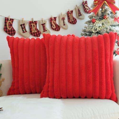 JOJUSIS Pack of 2 Faux Fur Plush Decorative Christmas Red Throw Pillow Covers Couch Cushion Case Soft Pillowcases (Red, 24 x 24-Inch)