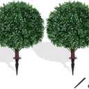Artificial Boxwood Topiary Ball Tree with Ground Spike, Set of 2 Artificial Shrub Bushes, Fake Evergreen Tree for Porch, Artificial Plants for Outdoor Planters Indoor UV Resistant