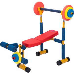 Hurtle Kids Exercise Bench Set, Sturdy Iron Frame Weight Bench with Adjustable Barbell Rack, Removable Foam Weights, Ages 3 to 8, Indoor Outdoor Kids Workout Gym Toy for Playroom, Home Gym, Classroom