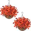 2 Set Artificial Hanging Flowers Plants Basket for Outdoors Fall Decorations, 24 Pcs UV Resistant Faux Morning Glory Fake Petunias with 2 Hanging Planter for Home Porch Balcony Garden Decor (Orange)