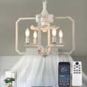 Chandelier Ceiling Fan, 20" Farmhouse Fandelier Ceiling Fans with Lights, Rustic Hanging Geometric Pendant Light Fixture for Bedroom, Dining Room, Kitchen Island, Foyer, Hallway-Rustic White