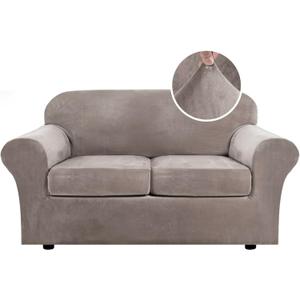 H.VERSAILTEX Real Velvet Plush 3 Piece Stretch Sofa Covers Couch Covers for 2 Cushion Couch Loveseat Covers Width Up to 72 Inch Feature Thick Soft Stay in Place (Medium Sofa, Taupe)