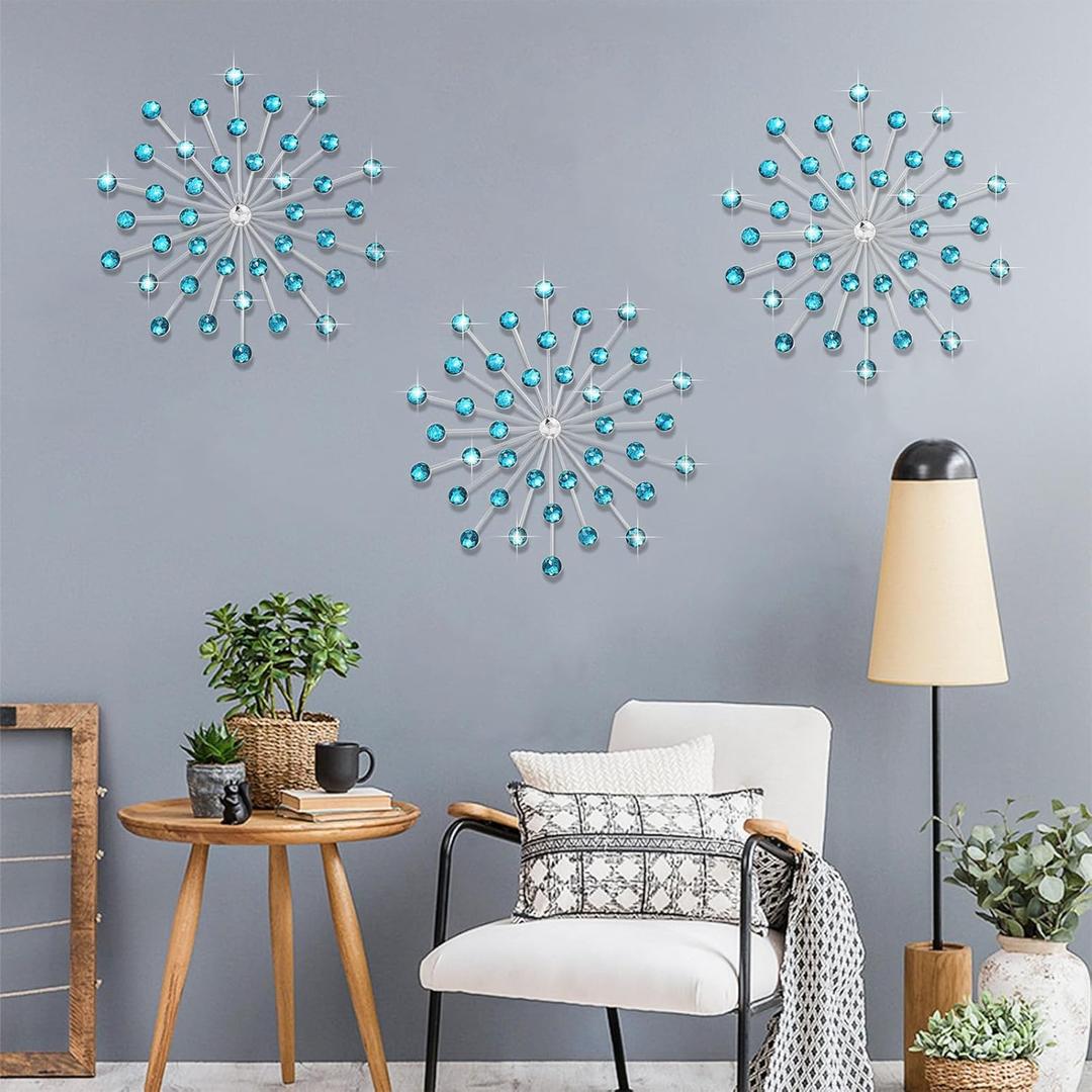 DXYAKY Set of 3 Modern Starburst Wall Decor, Metal Wall Sculpture with Crystal Accents, Blue 3D Wall Art for Living Room, Bedroom & Home, Elegant Hanging Wall Decoration (11.8 inch)