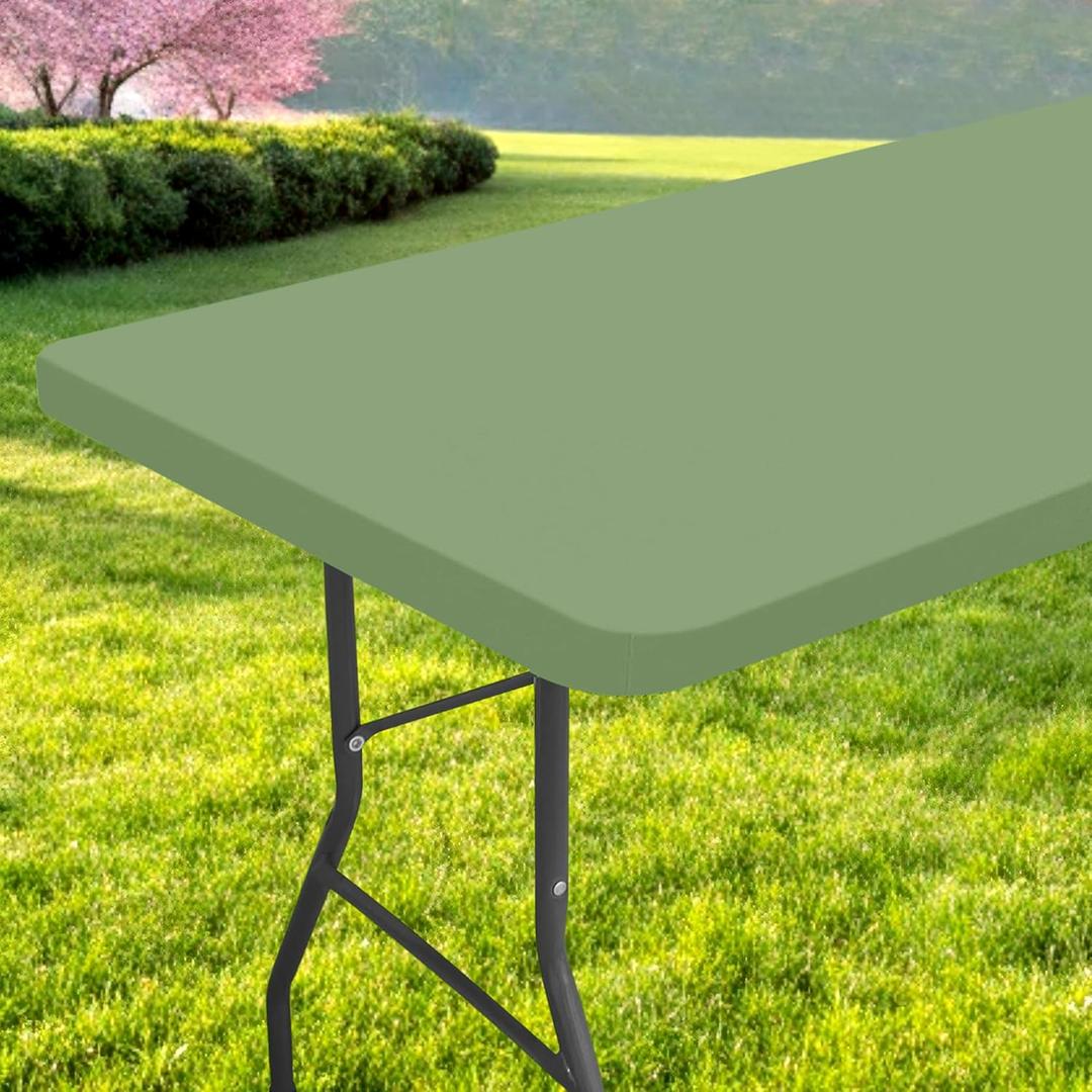 Rectangle Table Cloth, Waterproof Elastic Fitted Tablecloth for 6 Foot Folding Tables, Washable Polyester Tablecloths for Picnic, Camping, Outdoor (Green, 30"x72")