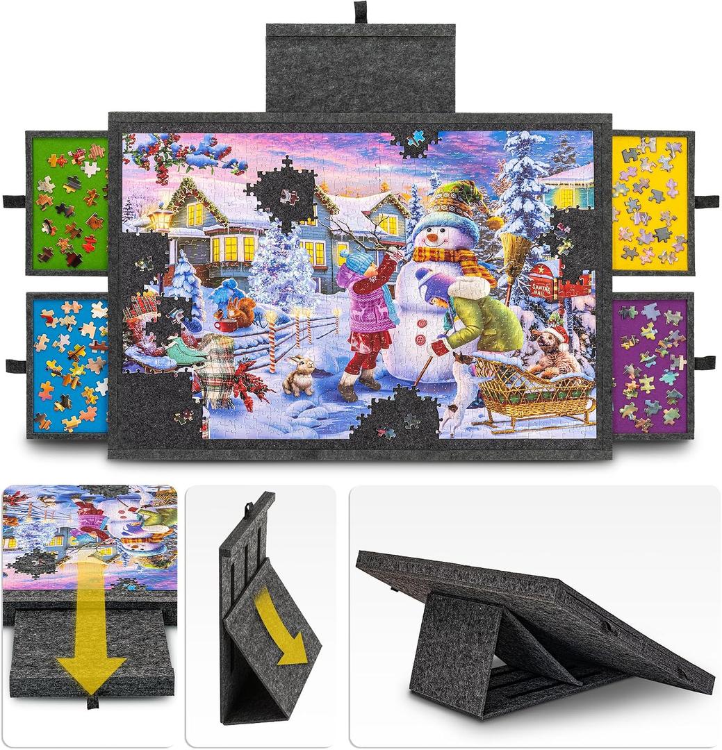 Tektalk Jigsaw Puzzle Table with Integrated Adjustable Stand/Bracket, 3-Tilting-Angle Super Lightweight Felt Puzzle Plateau Board with Cover & 4 Sorting Drawers (for Up to 1000 Pieces, Gray)