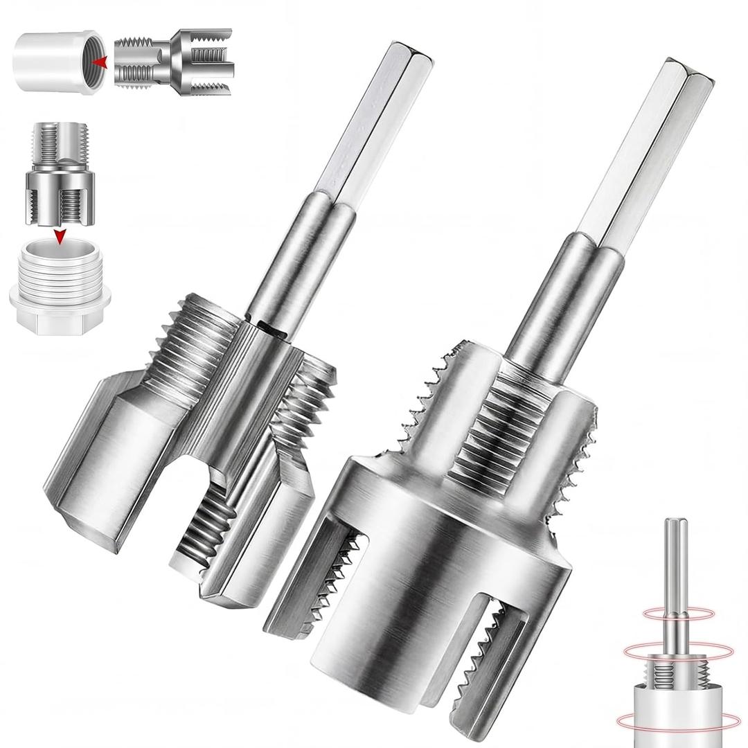 Pipe Thread Cutting Tool Integrated Internal & External Pipe Threading Tool Electric Drill Compatible PVC Tube Threader Kit, 1/2", 3/4", 1'' Tube Sizes Rethreading Kit(2 Sizes, Silver,2 Pcs)