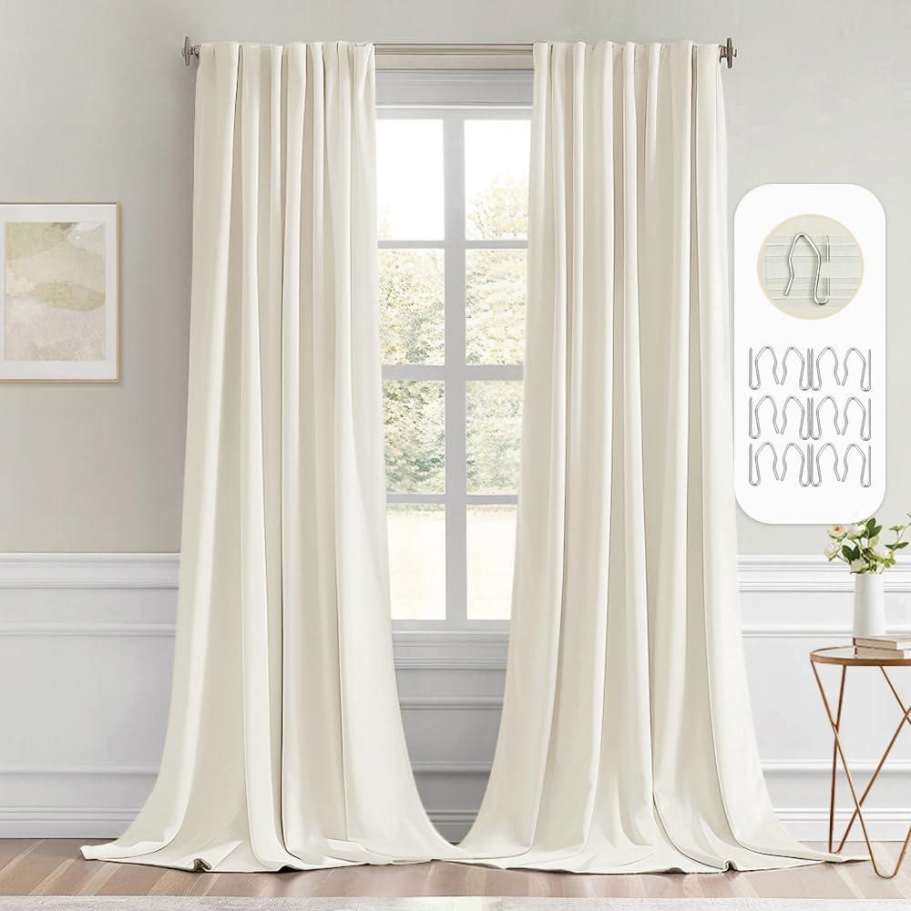 MIULEE Cream Back Tab Blackout Curtain 96 Inch Long 2 Panels Set for Bedroom, Rod Pocket/Pinch Pleat Thermal Insulated Living Room Darkening Pleated Light Blocking Floor to Ceiling Drape