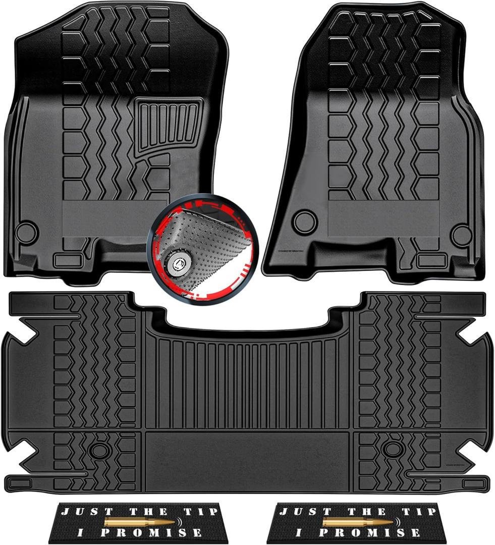 2019-2024 Dodge Ram 1500 New Body Crew Cab Floor Mats, Anti-Slip 3D Custom Fit TPE Floor Liners for 1st & 2nd Rows, All-Weather Rubber Mats with Detachable Weather Strips, Odorless & Easy to Clean (White)