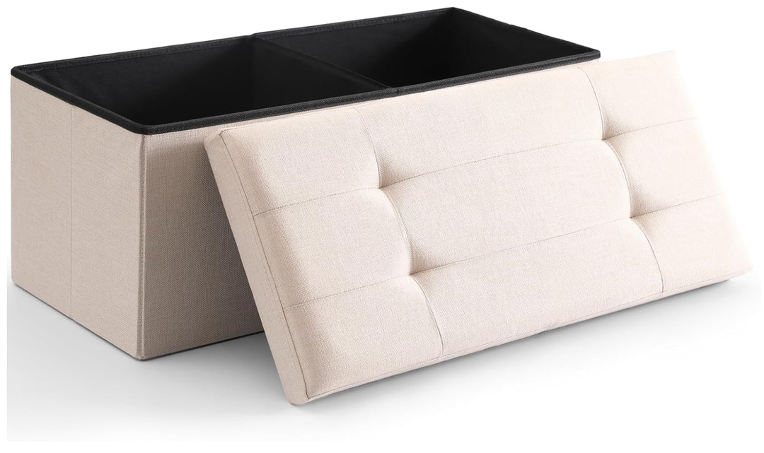 CUYOCA Storage Ottoman Bench Foldable Seat Footrest End of Bed Ottoman with Flipping Lid for Living Room, 75L, 30 inches Linen Fabric Beige