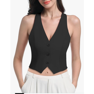 V VOCNI Vest for Women V Neck Sleeveless Racerback Fashion Dressy Crop Top Fitted Suite Vest Waistcoat, Size L, Black