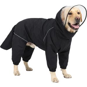 Dog Raincoat for Medium Large Dogs,rain Jacket Coat, Full Leg Coverage Waterproof Rain Suit with Detachable Hood & Tail, Reflective Strips, Snag-Free Top Zipper (Black for Boy, X-Large)