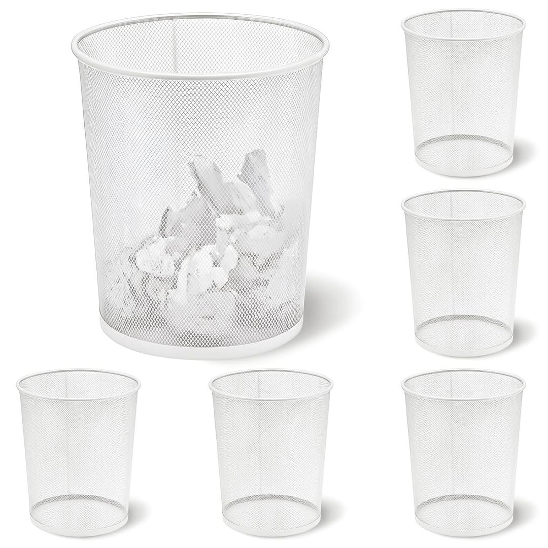 Zeyune 6 Pack White Office Trash Can Bulk Mesh Trash Can 6 Gallon Metal Wire Mesh Waste Paper Basket Round Small Garbage Bin for Office Bathroom Home Bedroom Kitchen Dorm