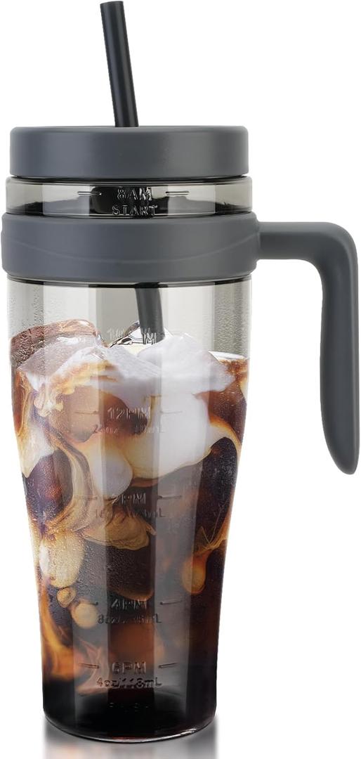 Hydraful 50 oz Tritan Plastic Tumbler with Lid and Straw and Handle - 100% Leak-Proof - Perfect for Iced Coffee, Smoothies, and Juice - Wide Mouth Reusable Water Bottle with Time Marker (Gray)