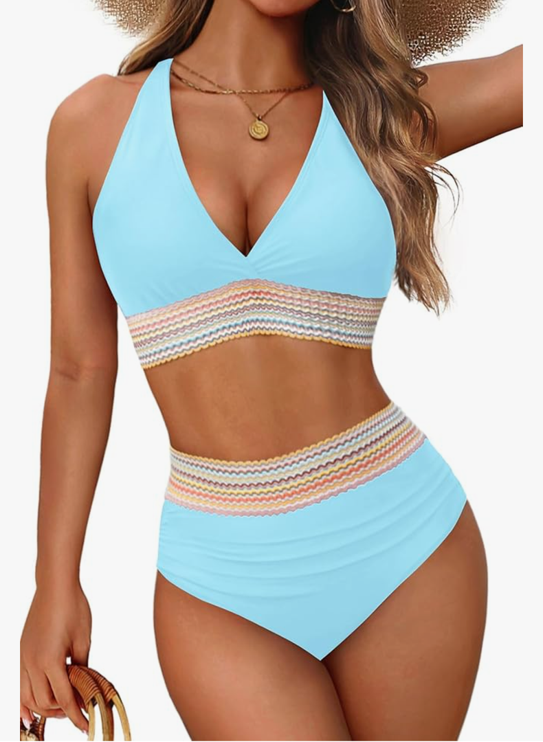 Women Tummy Control Two Piece Swimsuit - High Waisted Bathing Suit Halter Bikini Set Push Up Swimwear 2025, Size Medium