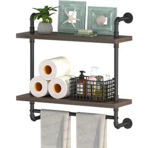 Helsin 2 Tier Wood Floating Shelves Towel Rack, Industrial Pipe Bathroom Shelves Wall Mounted with Towel bar, Wall Display Storage Shelf for Home & Bathroom Decor (Gray, 24inch) (Grey)