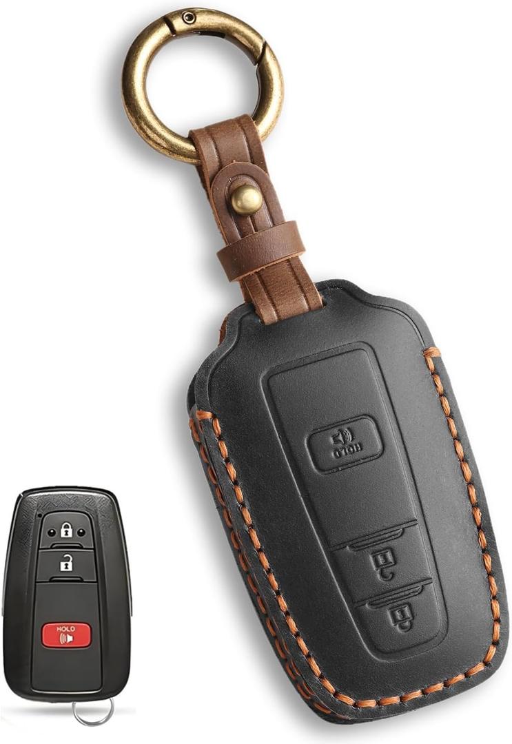 MILD EAST for Toyota Key Fob Cover Genuine Leather Key Case Shell Compatible with 4Runner Highlander Camry RAV4 C-HR (Black, 3 Buttons)