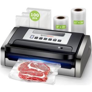 Bonsenkitchen Vacuum Sealer Machine, Powerful Low-Noise Food Vacuum Sealer for High-Speed Continuous Working, Handle Locked Design, Built-in Cutter, 2 Bag Rolls + 100 PCS Vacuum Bags (Bright Black)