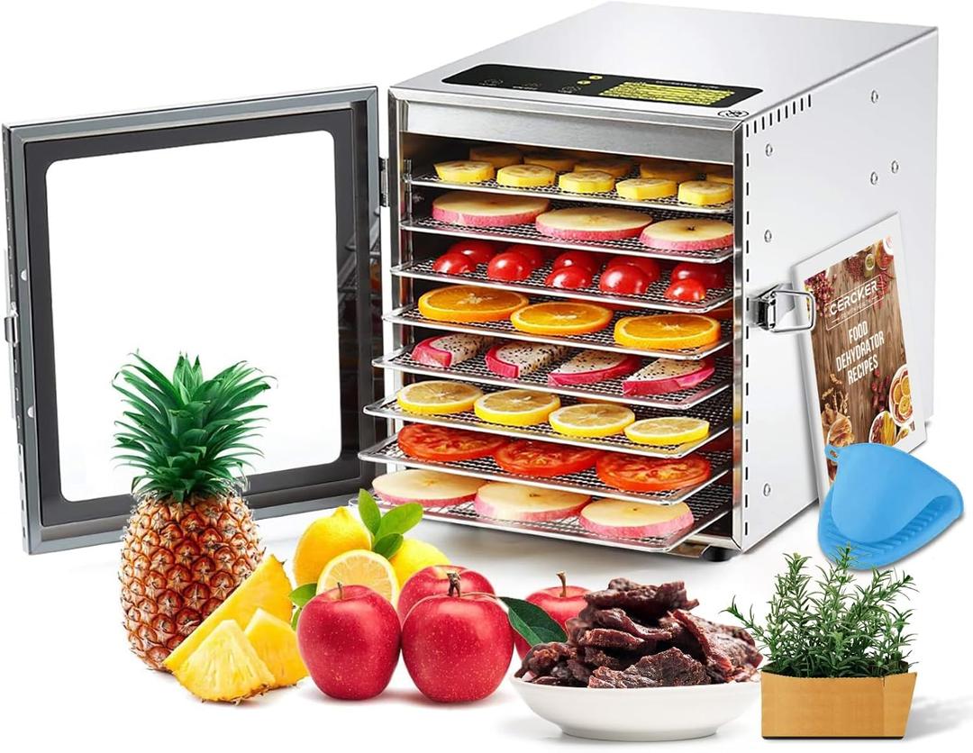 Cercker Food-Dehydrator Machine 8 Stainless Steel Trays, 500W Jerky Dehydrator for Meat, 190F Mushroom Dryer, 24H Timer Fruits Dryer for Herbs, Veggies, Yogurt & Dog Treats