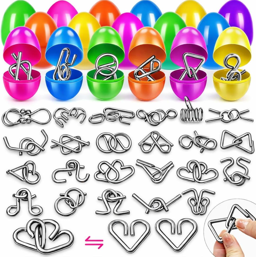 24 Pack Easter Eggs with Metal Brain Teaser Puzzles , Filled Easter Egg Surprise Toys for Kids Party Favors Classroom Prizes Gifts for Boys & Girls
