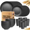 Teivio 32-Piece Kitchen Plastic Wheat Straw Dinnerware Set, Service for 8, Unbreakable Modern Dish Set - Dinner Plate/Dessert Plate/Cereal Bowl/Cup, for Apartment Essentials, Outdoor Camping,Black