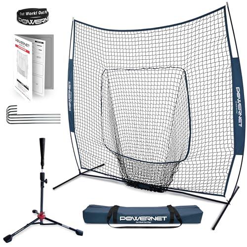 PowerNet Baseball Softball Practice Net 7x7 with Baseball Accessories for Practice Pitching, Batting & Fielding, Ball Caddy, Weighted Baseballs, Tee (Navy 7x7 Net & Tee) Royal Blue