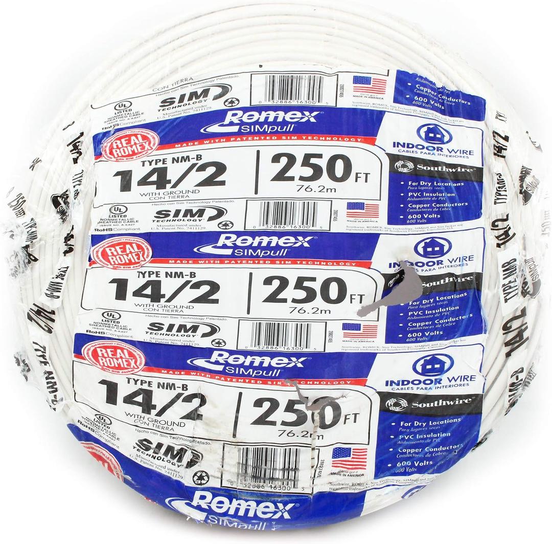 SOUTHWIRE Company #28827455 250' 14/2 W/G NM Indoor Cable, for Dry Location, Compatible with Standard Electrical Devices