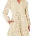 Caracilia Long Sleeve Dress for Women V Neck Hollow Out Eyelet Casual Fall Boho Flowy Swing Tiered Mini Vacation Dresses X-Large
