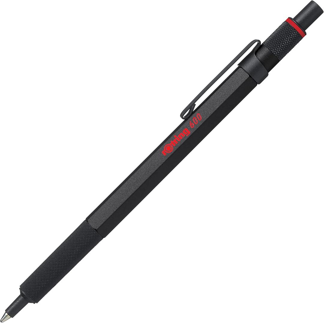 rOtring 600 Retractable Metal Ballpoint Pen, Medium Point, Black Ink, Black Barrel, Great Gift for Coworker